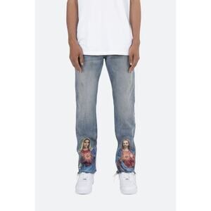 MNML Jesus & Mary Straight Leg Jeans Men’s 32‎ Light Wash Raw Hem Streetwear